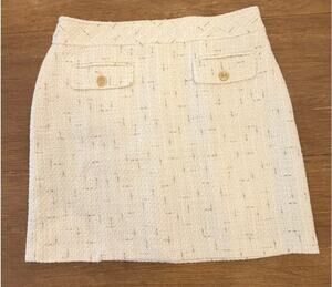 Karl Lagerfeld Paris Size 12 Ivory Metallic Tweed Mini Skirt Gold Buttons
